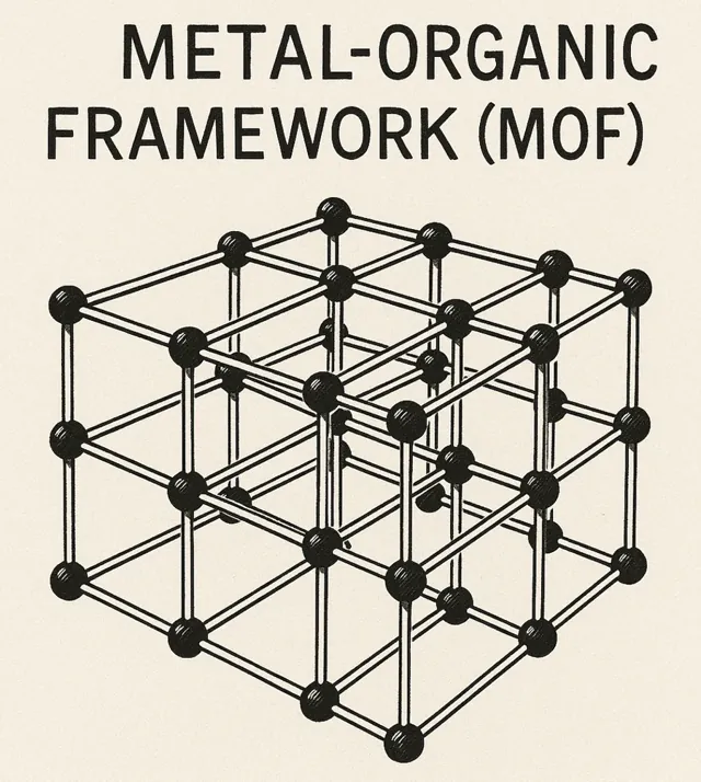 Book drawing of a metal–organic framework with a repeating open lattice