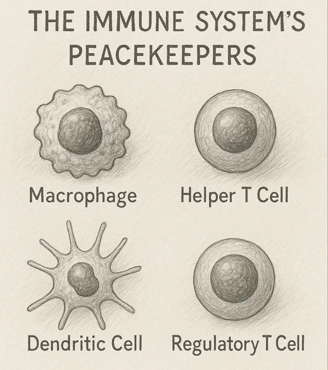 Book illustration comparing macrophages, helper T cells, dendritic cells and regulatory T cells